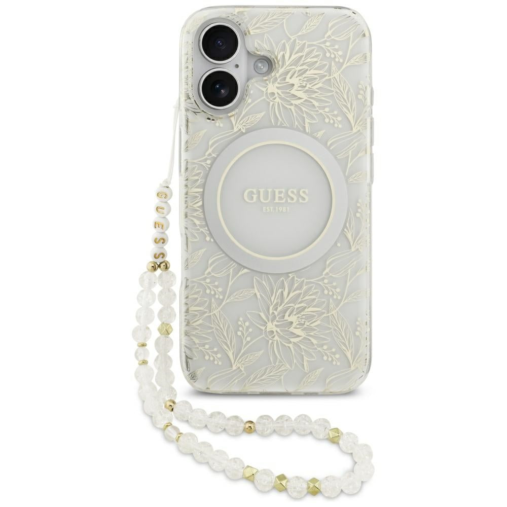 Husa MagSafe pentru Apple iPhone 17, Guess, IML Flowers with Pearl Strap, Alba