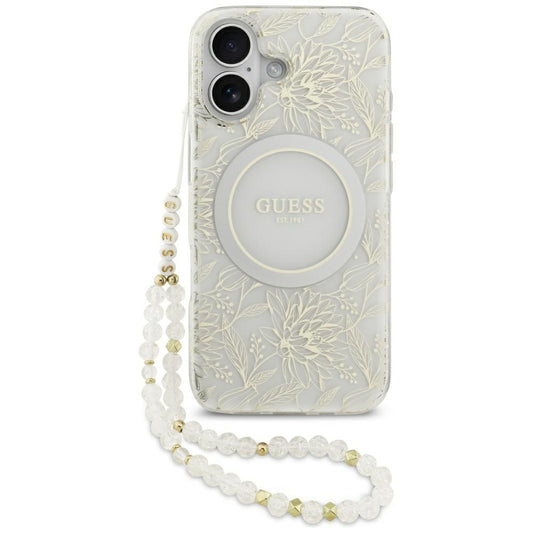 Husa MagSafe pentru Apple iPhone 17, Guess, IML Flowers with Pearl Strap, Alba