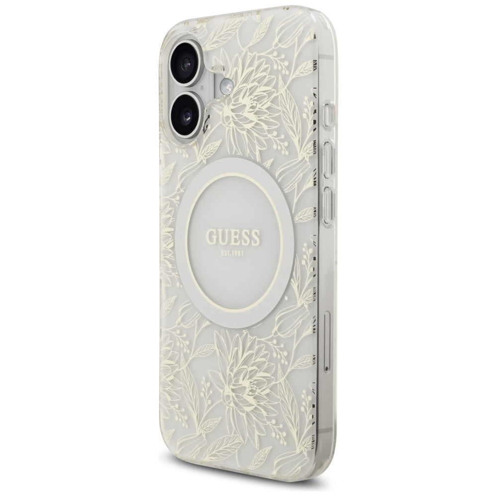 Husa MagSafe pentru Apple iPhone 17, Guess, IML Flowers with Pearl Strap, Alba