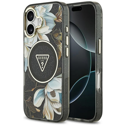 Husa MagSafe pentru Apple iPhone 17, Guess, IML Metal Glitter Flowers Triangle, Neagra