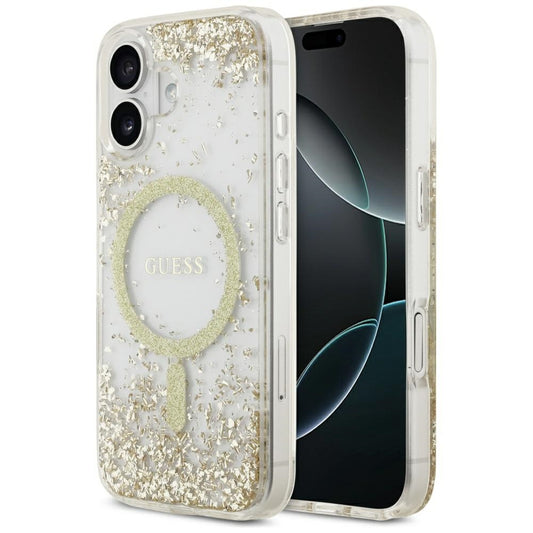 Husa MagSafe pentru Apple iPhone 17, Guess, Resin Bottom Glitter, Aurie