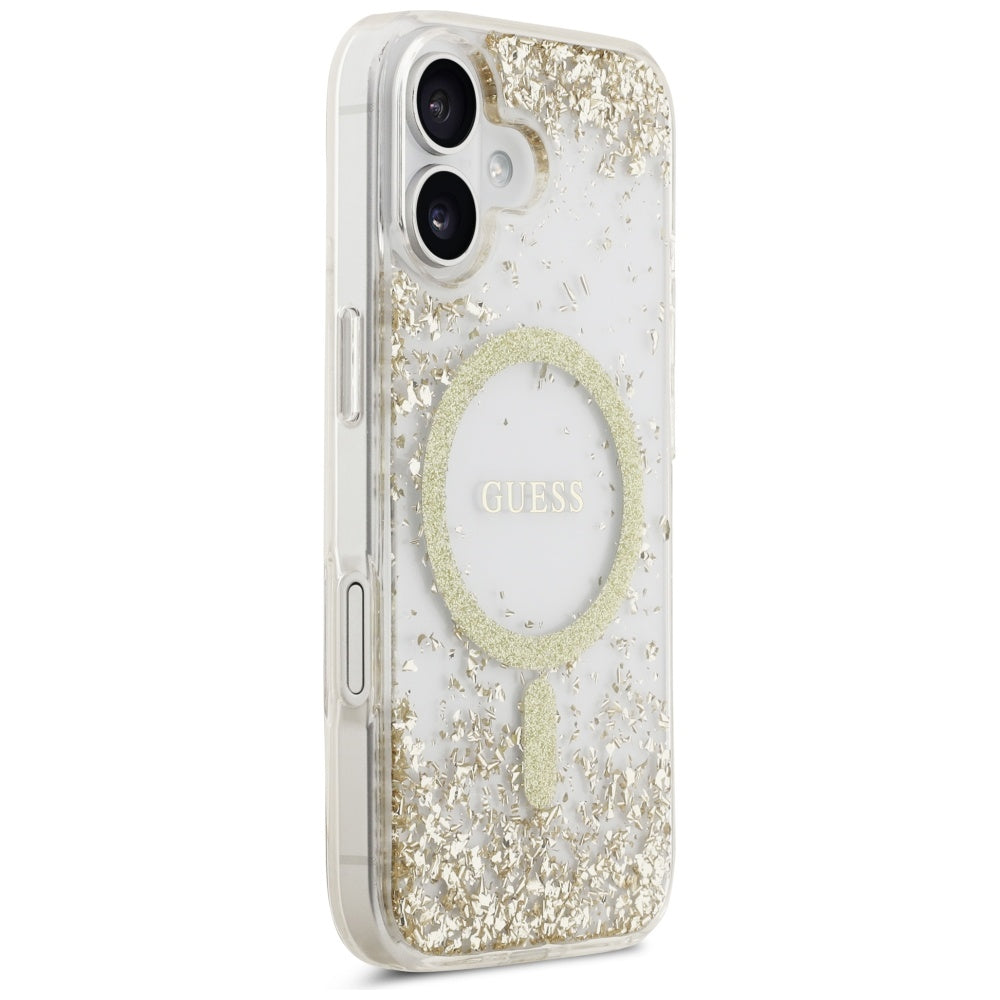 Husa MagSafe pentru Apple iPhone 17, Guess, Resin Bottom Glitter, Aurie
