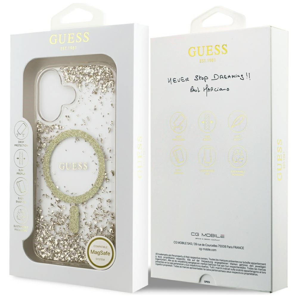 Husa MagSafe pentru Apple iPhone 17, Guess, Resin Bottom Glitter, Aurie