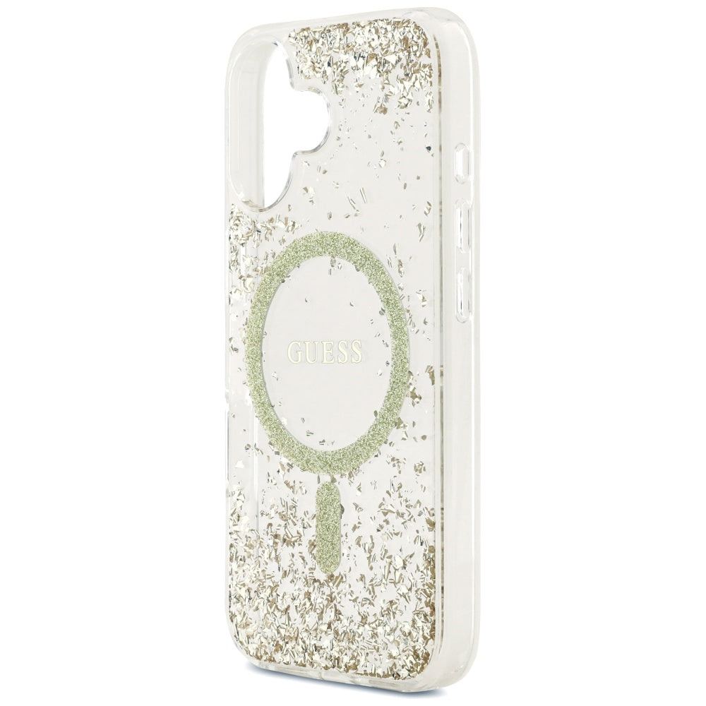 Husa MagSafe pentru Apple iPhone 17, Guess, Resin Bottom Glitter, Aurie