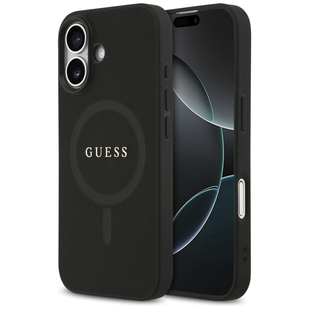 Husa MagSafe pentru Apple iPhone 17, Guess, Saffiano Classic Logo, Neagra