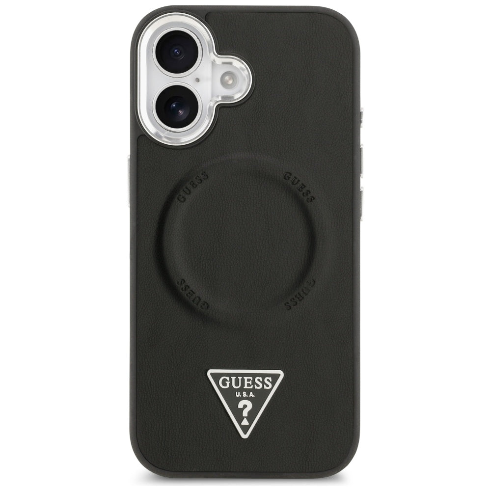 Husa MagSafe pentru Apple iPhone 17, Guess, Triangle Logo, Neagra Argintie