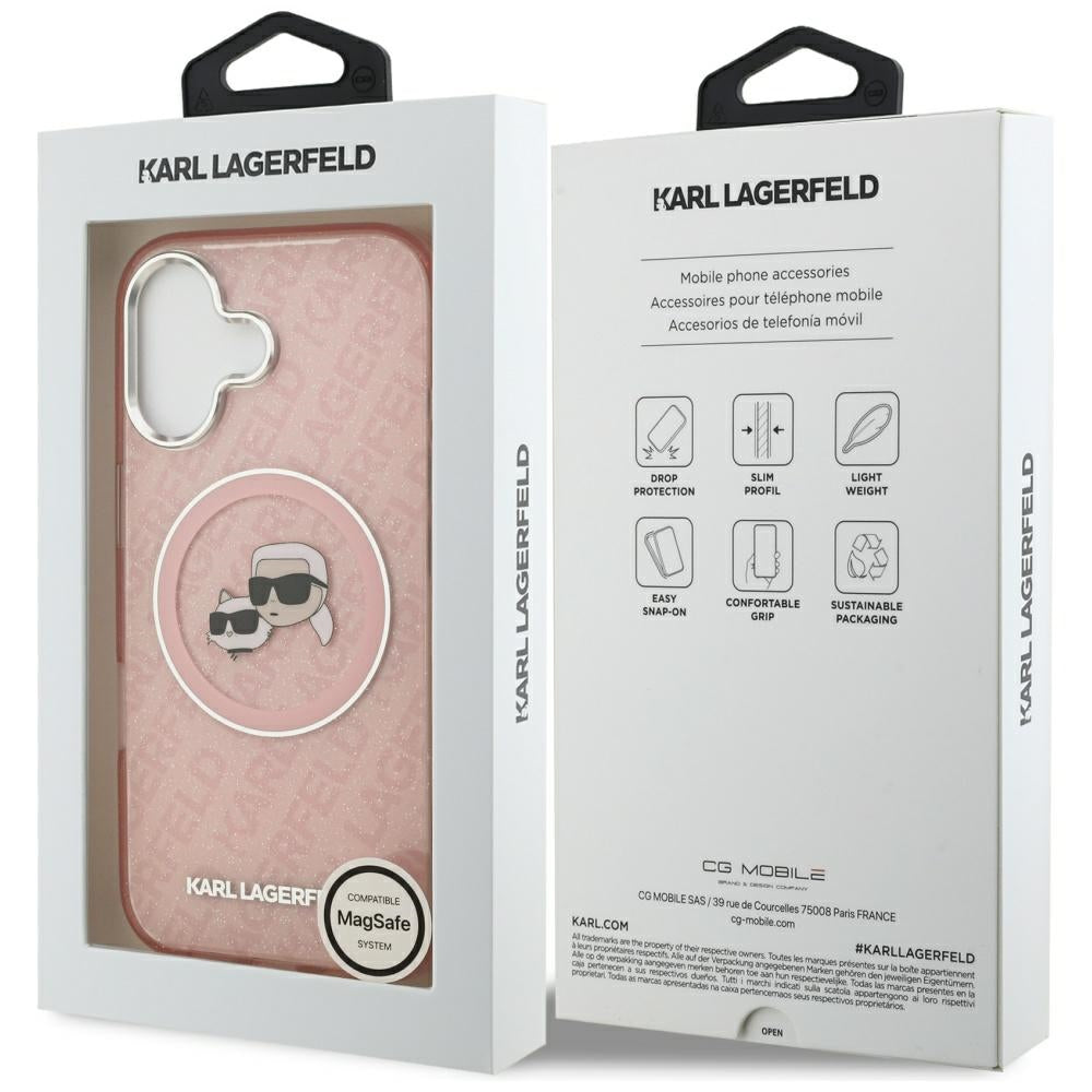 Husa MagSafe pentru Apple iPhone 17, Karl Lagerfeld, IML Glitter Karl & Choupette`s Heads, Roz