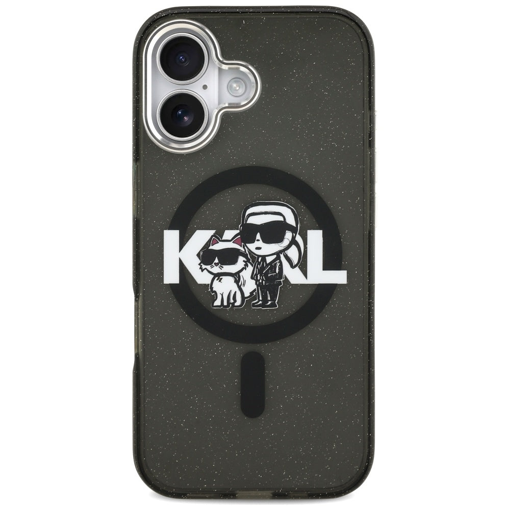 Husa MagSafe pentru Apple iPhone 17, Karl Lagerfeld, IML Sketch Logo Glitter Karl & Choupette, Neagra