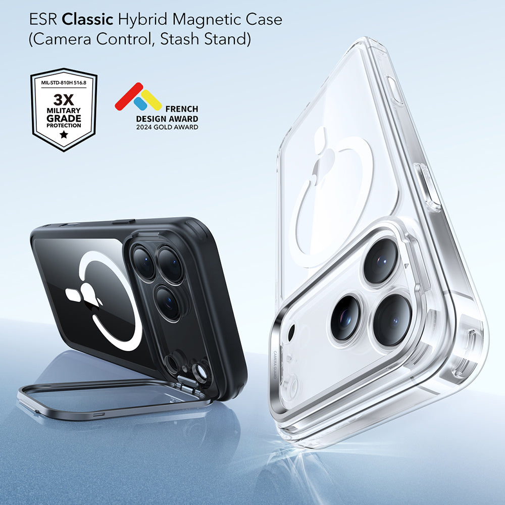 Husa MagSafe pentru Apple iPhone 17 Pro, ESR, Classic Hybrid Kickstand, Neagra Transparenta