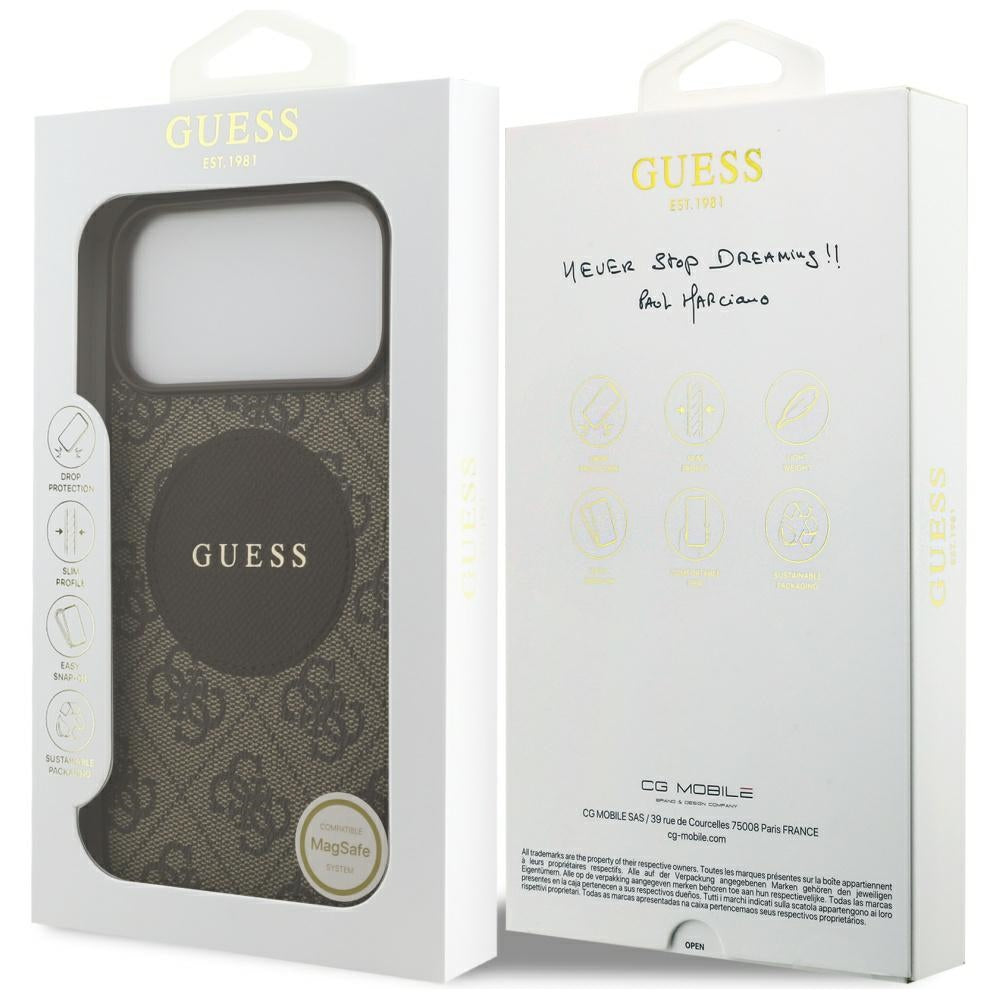 Husa MagSafe pentru Apple iPhone 17 Pro, Guess, 4G Circle Classic Logo, Maro