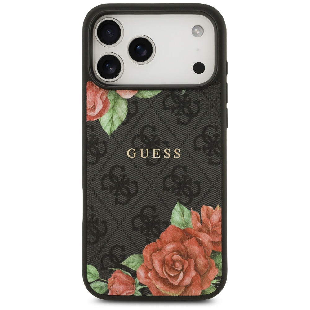 Husa MagSafe pentru Apple iPhone 17 Pro, Guess, 4G Flowers Print, Neagra