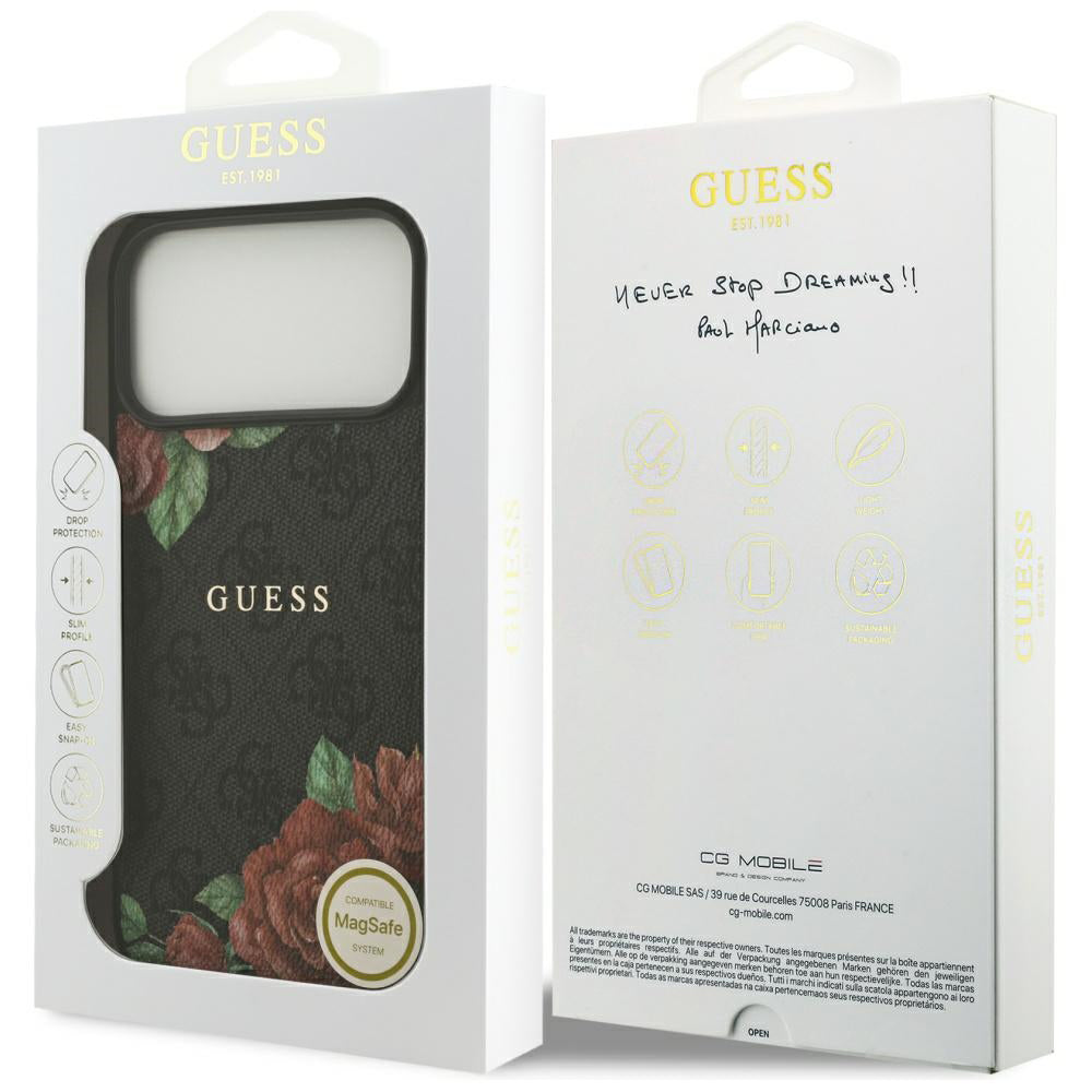 Husa MagSafe pentru Apple iPhone 17 Pro, Guess, 4G Flowers Print, Neagra