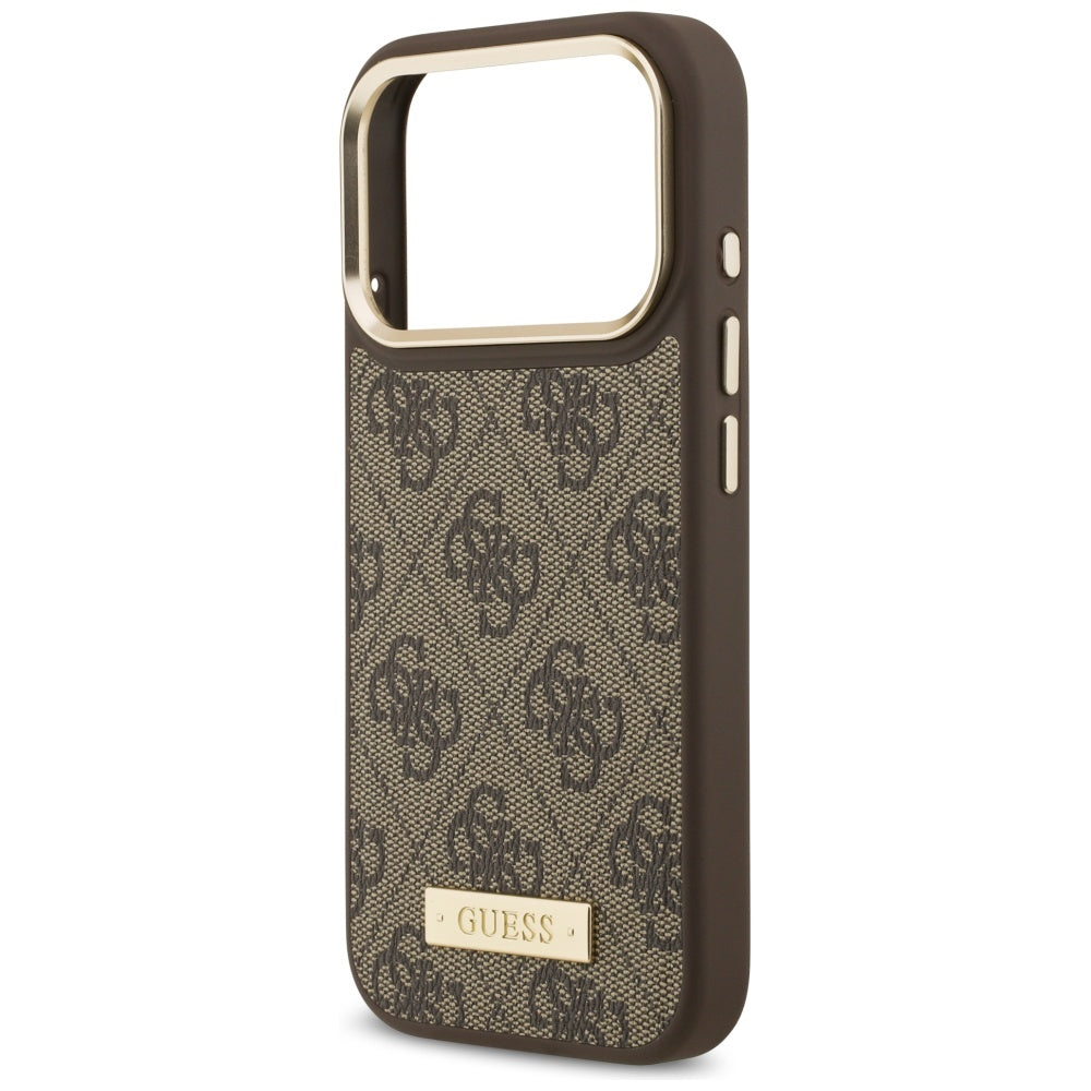 Husa MagSafe pentru Apple iPhone 17 Pro, Guess, 4G Logo Plate, Maro
