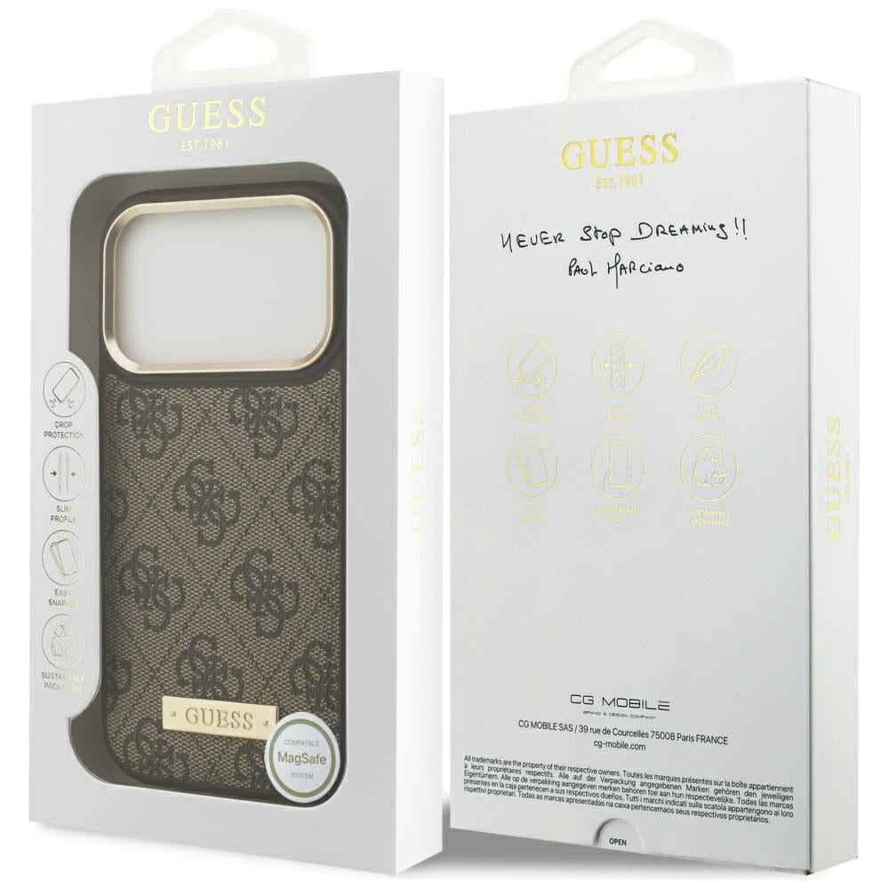 Husa MagSafe pentru Apple iPhone 17 Pro, Guess, 4G Logo Plate, Maro