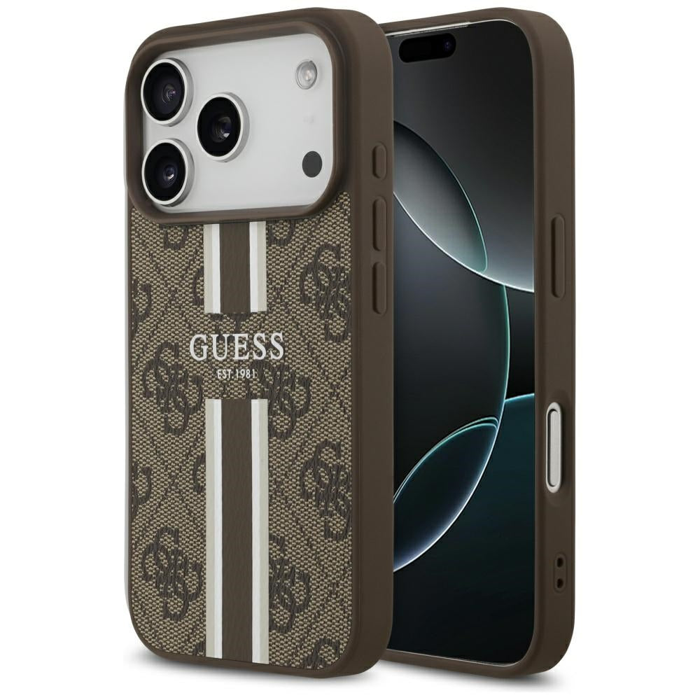 Husa MagSafe pentru Apple iPhone 17 Pro, Guess, 4G Printed Stripes, Maro