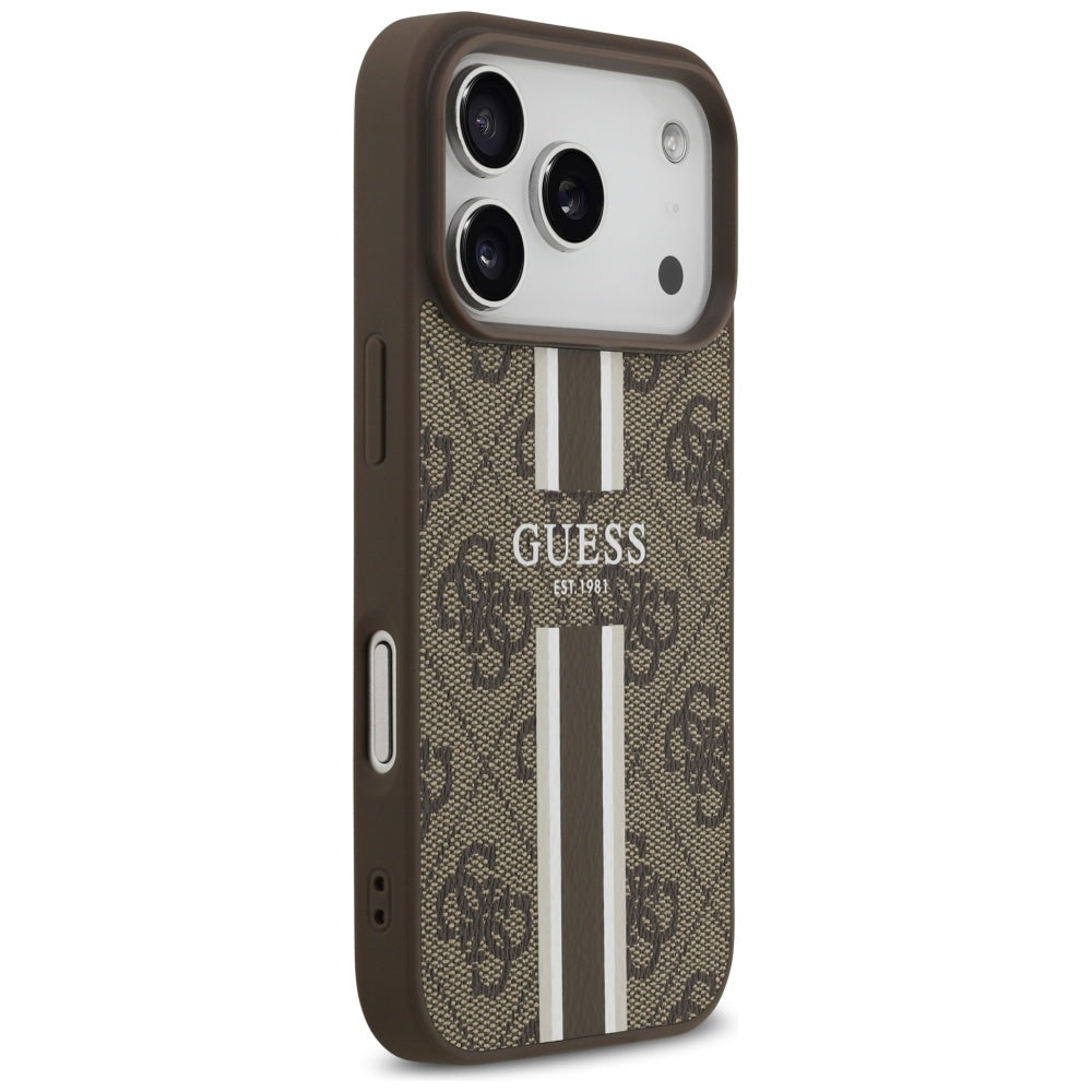 Husa MagSafe pentru Apple iPhone 17 Pro, Guess, 4G Printed Stripes, Maro