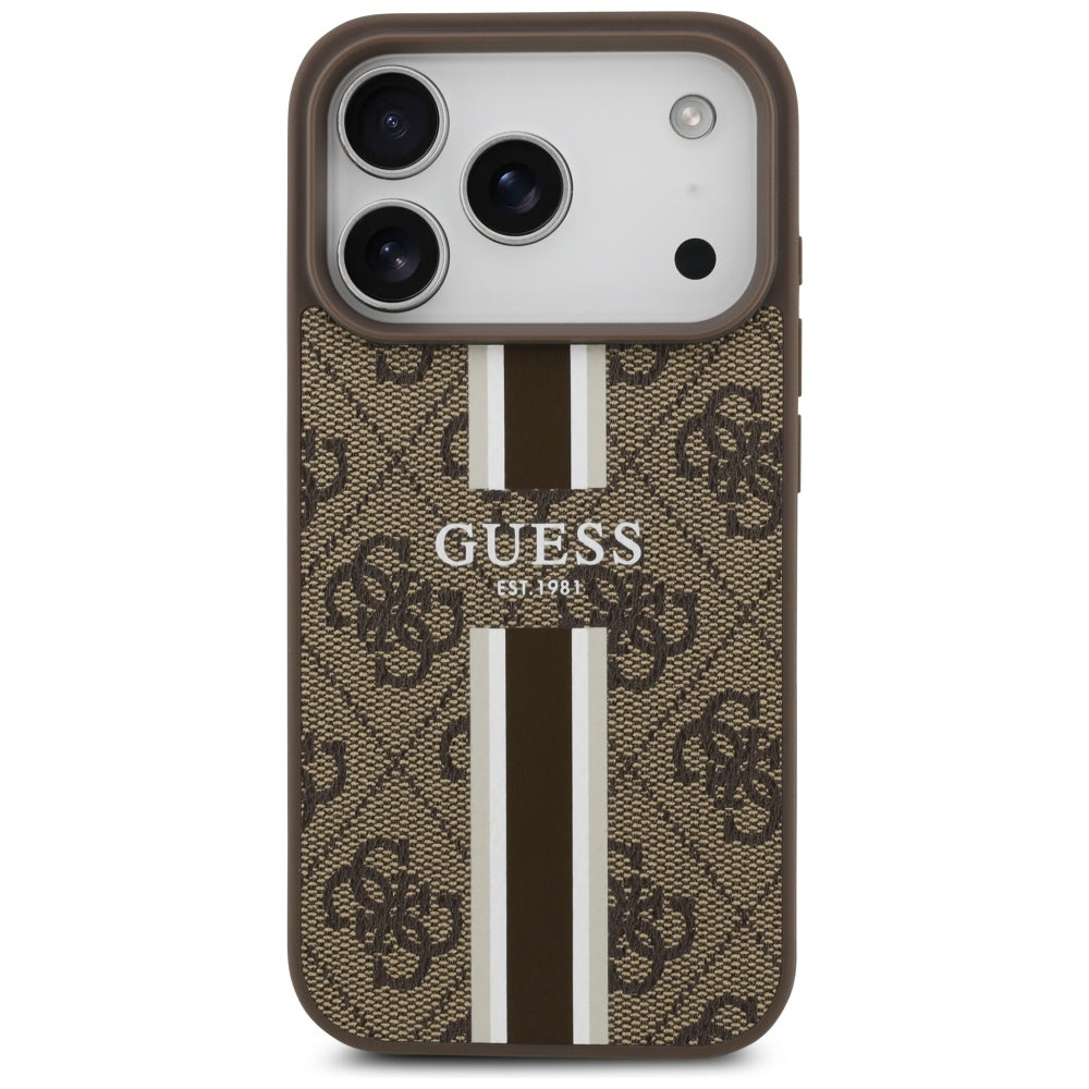Husa MagSafe pentru Apple iPhone 17 Pro, Guess, 4G Printed Stripes, Maro