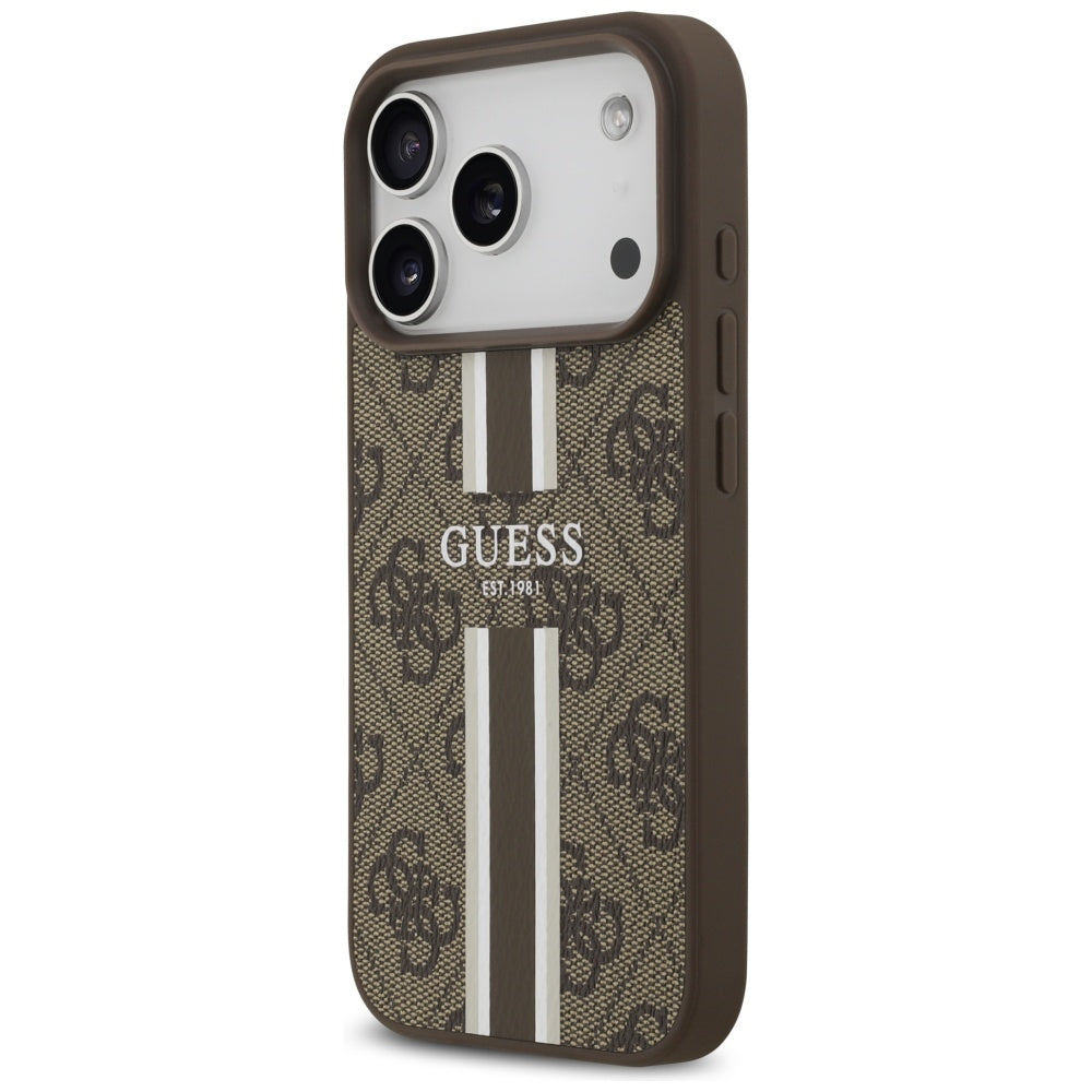 Husa MagSafe pentru Apple iPhone 17 Pro, Guess, 4G Printed Stripes, Maro