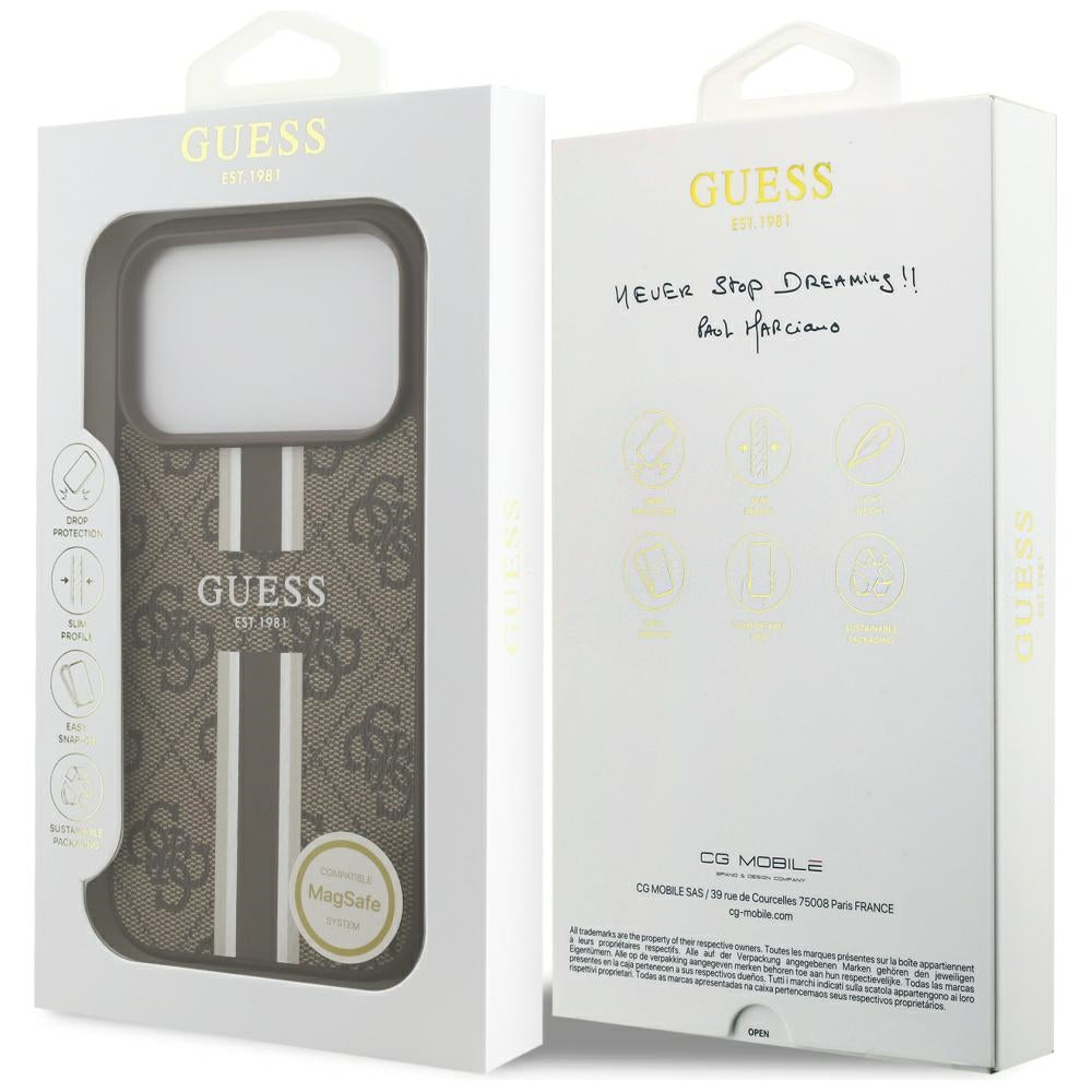 Husa MagSafe pentru Apple iPhone 17 Pro, Guess, 4G Printed Stripes, Maro