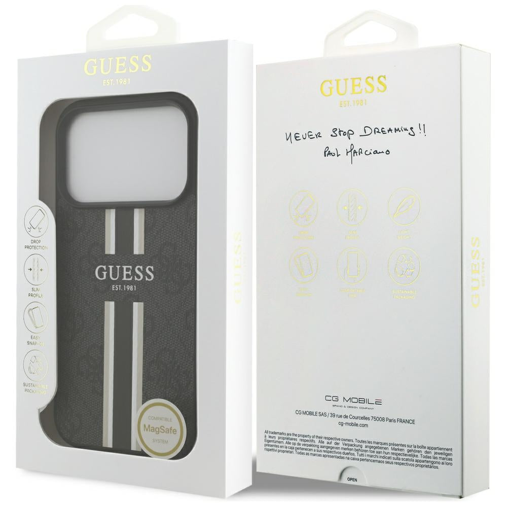 Husa MagSafe pentru Apple iPhone 17 Pro, Guess, 4G Printed Stripes, Neagra