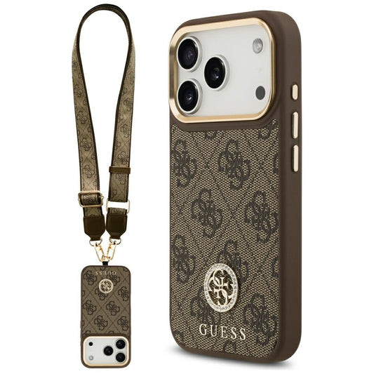 Husa MagSafe pentru Apple iPhone 17 Pro, Guess, 4G Strass Logo with Big Strap, Maro