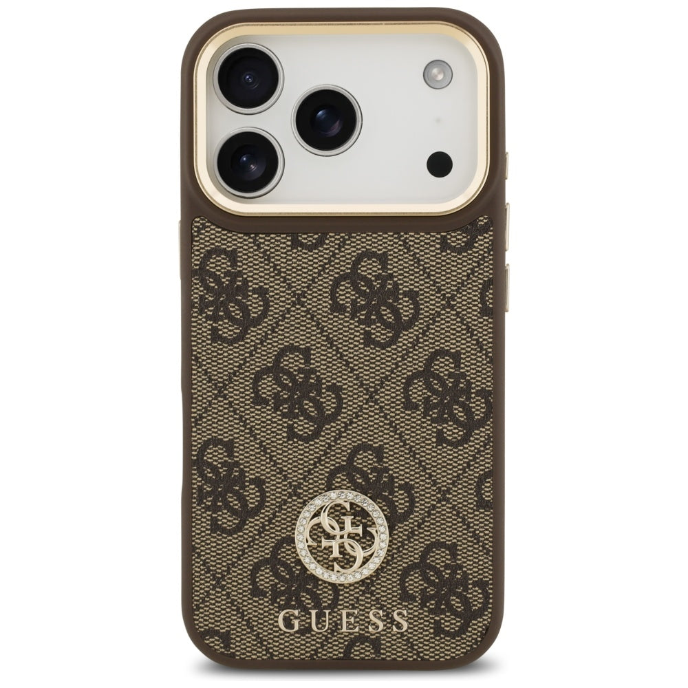 Husa MagSafe pentru Apple iPhone 17 Pro, Guess, 4G Strass Logo with Big Strap, Maro