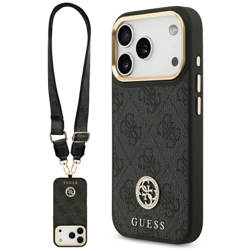 Husa MagSafe pentru Apple iPhone 17 Pro, Guess, 4G Strass Logo with Big Strap, Neagra
