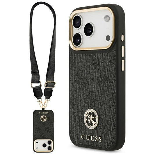 Husa MagSafe pentru Apple iPhone 17 Pro, Guess, 4G Strass Logo with Big Strap, Neagra
