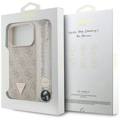 Husa MagSafe pentru Apple iPhone 17 Pro, Guess, 4G Triangle Logo with Pearl Strap, Roz