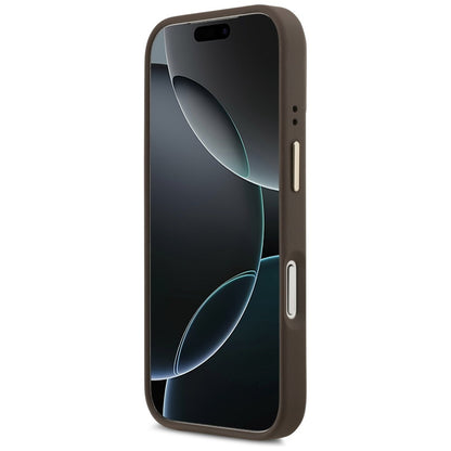 Husa MagSafe pentru Apple iPhone 17 Pro, Guess, 4G Triangle Logo with Stand Camera, Maro Aurie