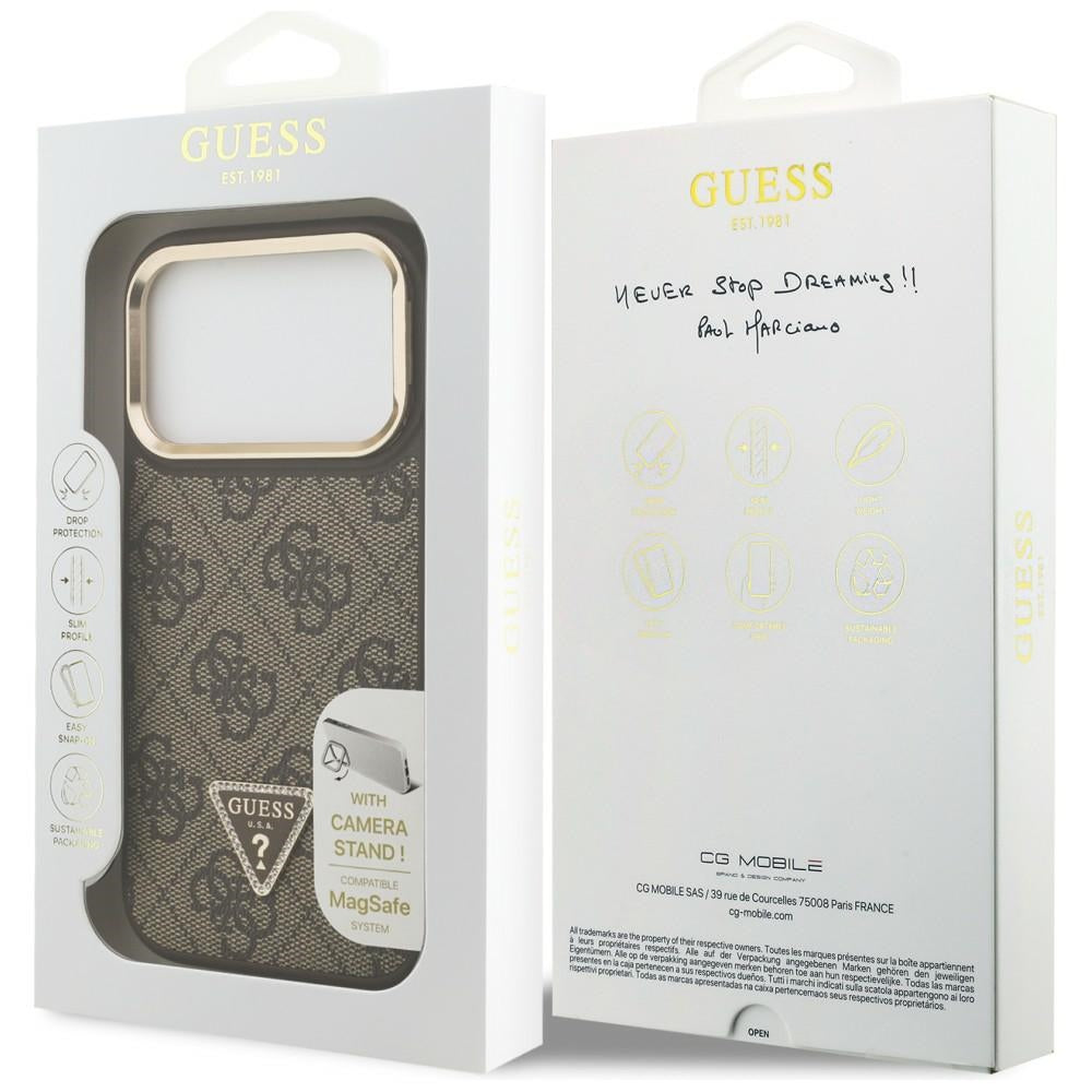 Husa MagSafe pentru Apple iPhone 17 Pro, Guess, 4G Triangle Logo with Stand Camera, Maro Aurie