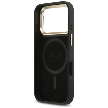 Husa MagSafe pentru Apple iPhone 17 Pro, Guess, 4G Triangle Logo with Stand Camera, Neagra Aurie
