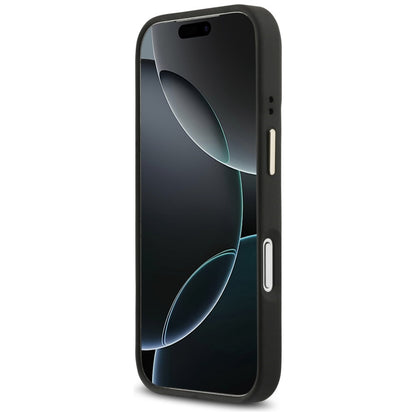 Husa MagSafe pentru Apple iPhone 17 Pro, Guess, 4G Triangle Logo with Stand Camera, Neagra Aurie