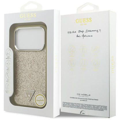 Husa MagSafe pentru Apple iPhone 17 Pro, Guess, Glitter Triangle Logo, Aurie