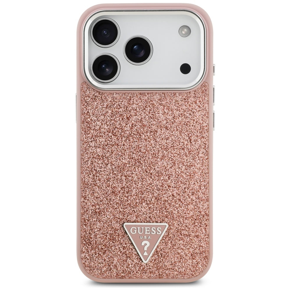 Husa MagSafe pentru Apple iPhone 17 Pro, Guess, Glitter Triangle Logo, Roz