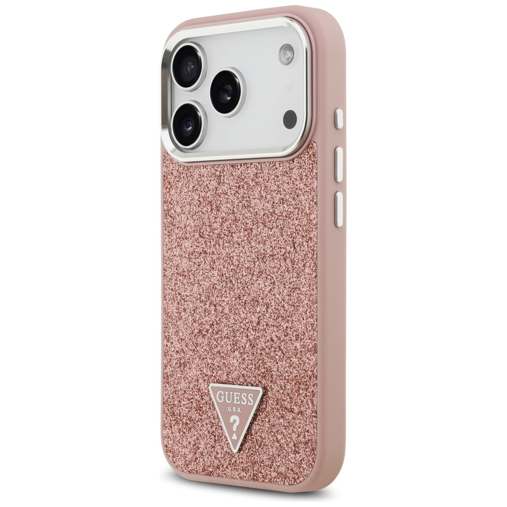 Husa MagSafe pentru Apple iPhone 17 Pro, Guess, Glitter Triangle Logo, Roz
