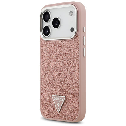 Husa MagSafe pentru Apple iPhone 17 Pro, Guess, Glitter Triangle Logo, Roz