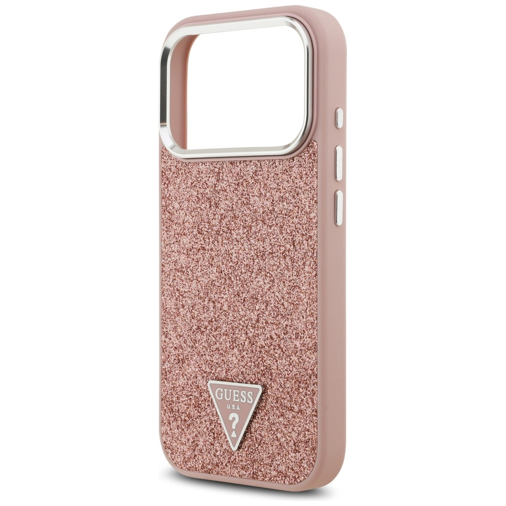 Husa MagSafe pentru Apple iPhone 17 Pro, Guess, Glitter Triangle Logo, Roz