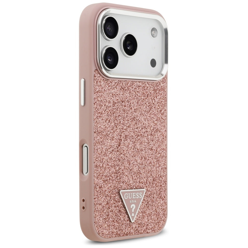 Husa MagSafe pentru Apple iPhone 17 Pro, Guess, Glitter Triangle Logo, Roz