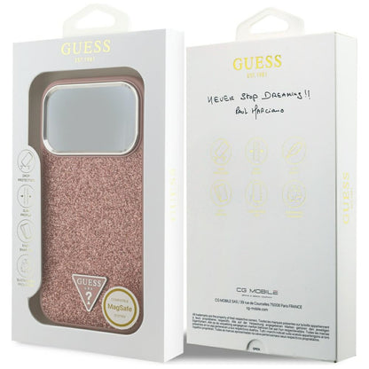 Husa MagSafe pentru Apple iPhone 17 Pro, Guess, Glitter Triangle Logo, Roz