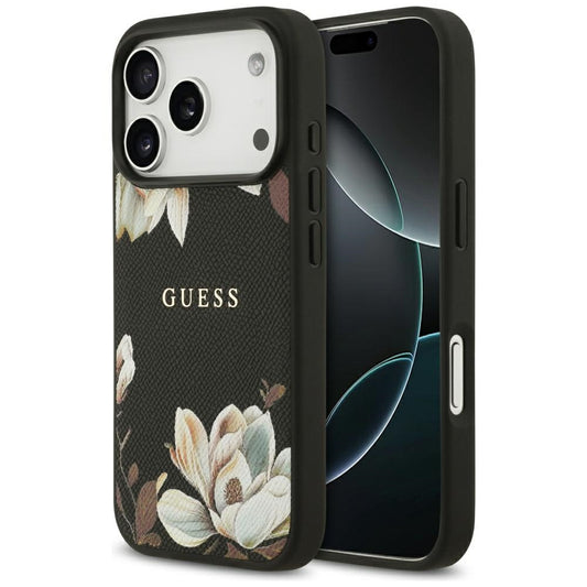 Husa MagSafe pentru Apple iPhone 17 Pro, Guess, Grained Flowers, Neagra