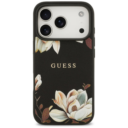 Husa MagSafe pentru Apple iPhone 17 Pro, Guess, Grained Flowers, Neagra