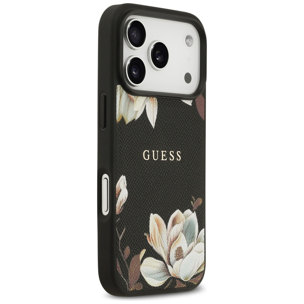 Husa MagSafe pentru Apple iPhone 17 Pro, Guess, Grained Flowers, Neagra