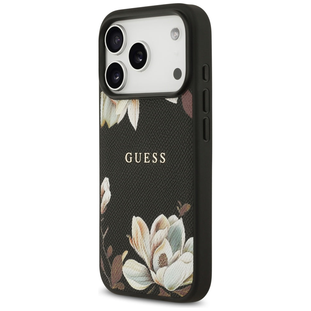 Husa MagSafe pentru Apple iPhone 17 Pro, Guess, Grained Flowers, Neagra