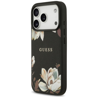 Husa MagSafe pentru Apple iPhone 17 Pro, Guess, Grained Flowers, Neagra