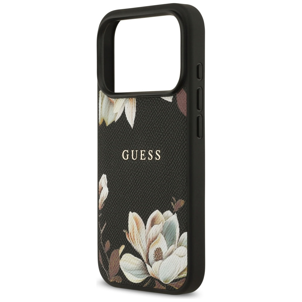Husa MagSafe pentru Apple iPhone 17 Pro, Guess, Grained Flowers, Neagra