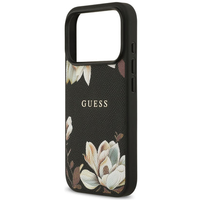Husa MagSafe pentru Apple iPhone 17 Pro, Guess, Grained Flowers, Neagra
