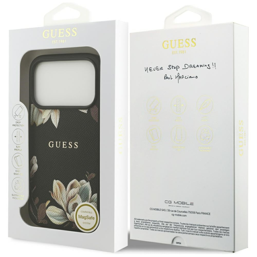 Husa MagSafe pentru Apple iPhone 17 Pro, Guess, Grained Flowers, Neagra