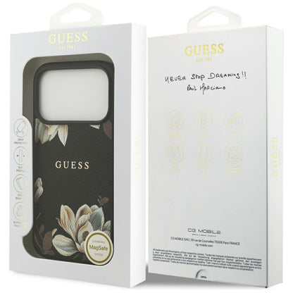 Husa MagSafe pentru Apple iPhone 17 Pro, Guess, Grained Flowers, Neagra