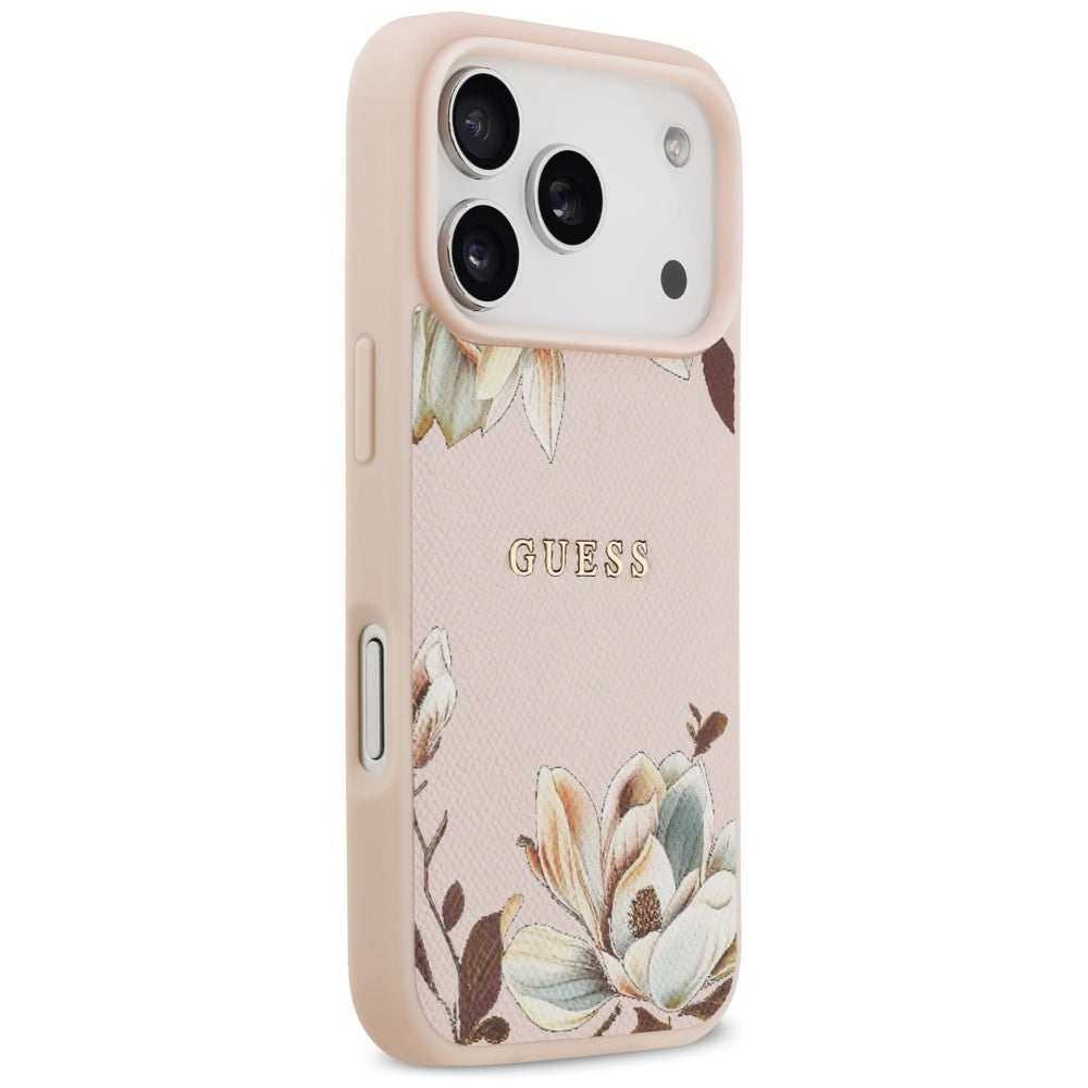 Husa MagSafe pentru Apple iPhone 17 Pro, Guess, Grained Flowers, Roz
